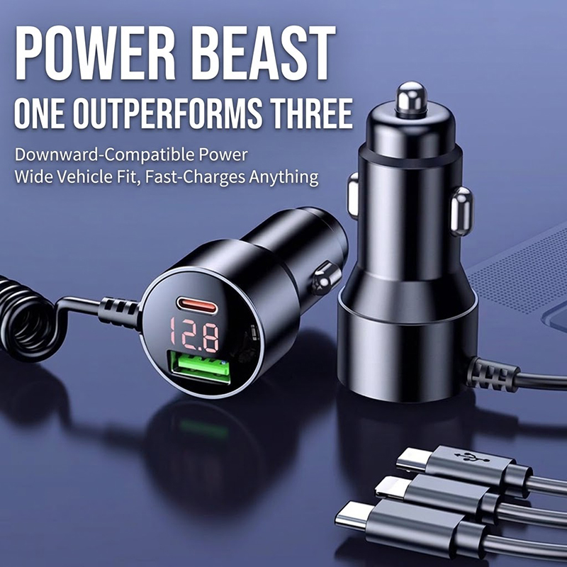 Laptop Charger - 3-in-1 Coiled Car Charger with Retractable